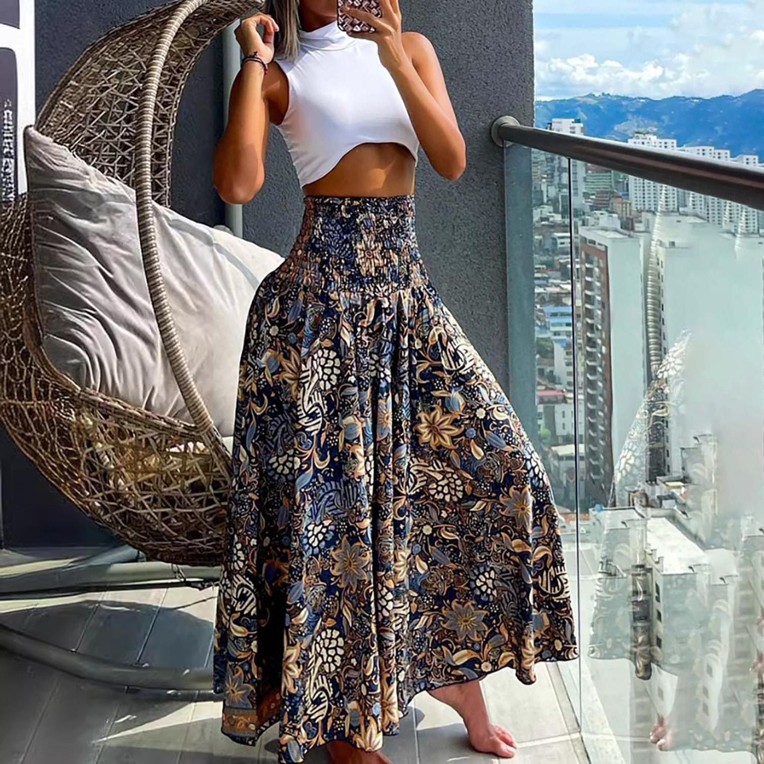 

Женская юбка средней длины на весну и лето, с высокой талией, трапециевидной формы, прямой цвет с принтом XXL темно-синий