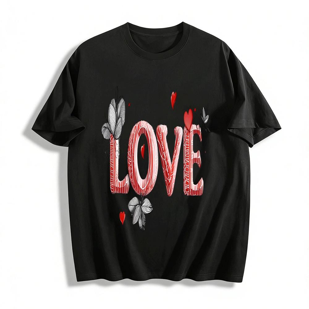 Love Heart Print Couple Style Casual Versatile Short Sleeve T-Shirt Pure cotton T-shirt XXS