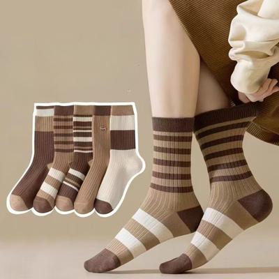 5 Paar Herbst- und Wintersocken Damen Mid-Calf Socken Melade Farbe Gestreift Trend Vielseitig Geruchshemmend Hoher Schaft Lange Damen Socken