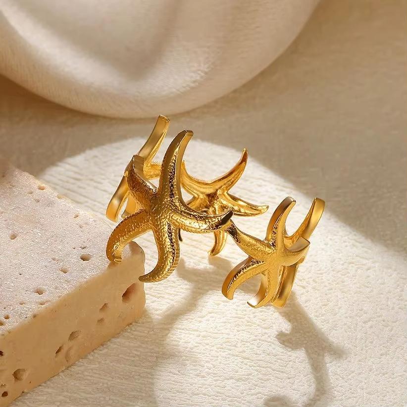 Stainless Steel Starfish Shell Rings For Women Gold Color Starfish Finger Ring Vintage Summer Vacation Christmas Jewelry Gift
