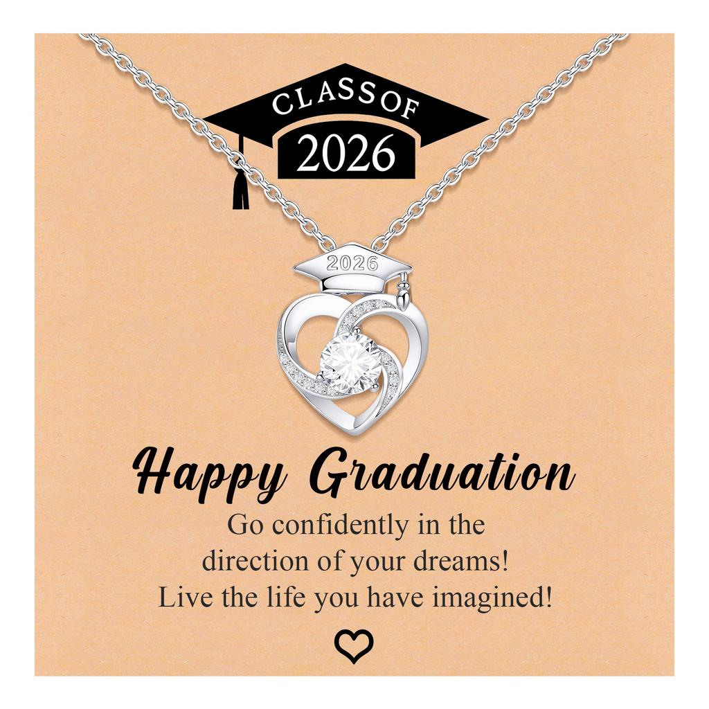 Luxury 14K Gold Plated Heart Graduation Cap Necklace for Women Zircon Pendant Class of 2026 Memorial Jewelry Gift for Daughter