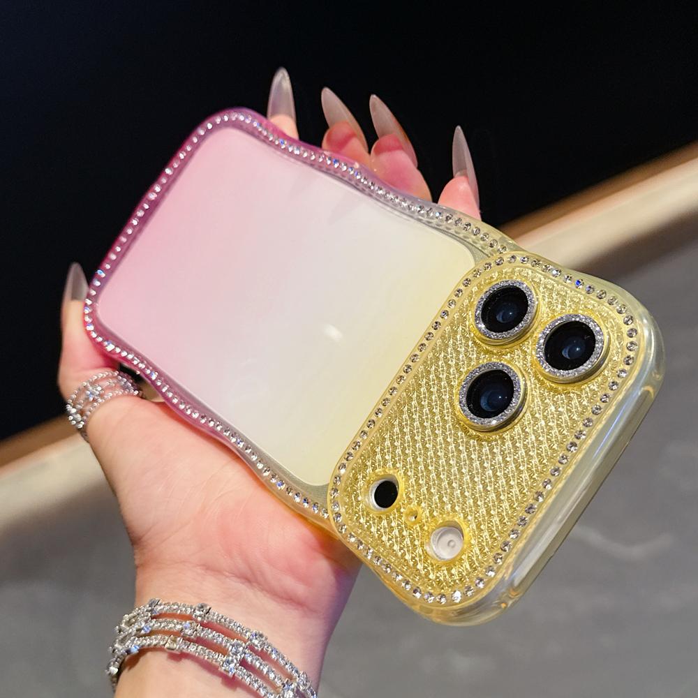 KEYSION Rhinestone Phone Case for iPhone 13 14 15 16 17 Pro Max 17 Air 16 Plus Transparent Wavy Lens Protector Shockproof Back Cover