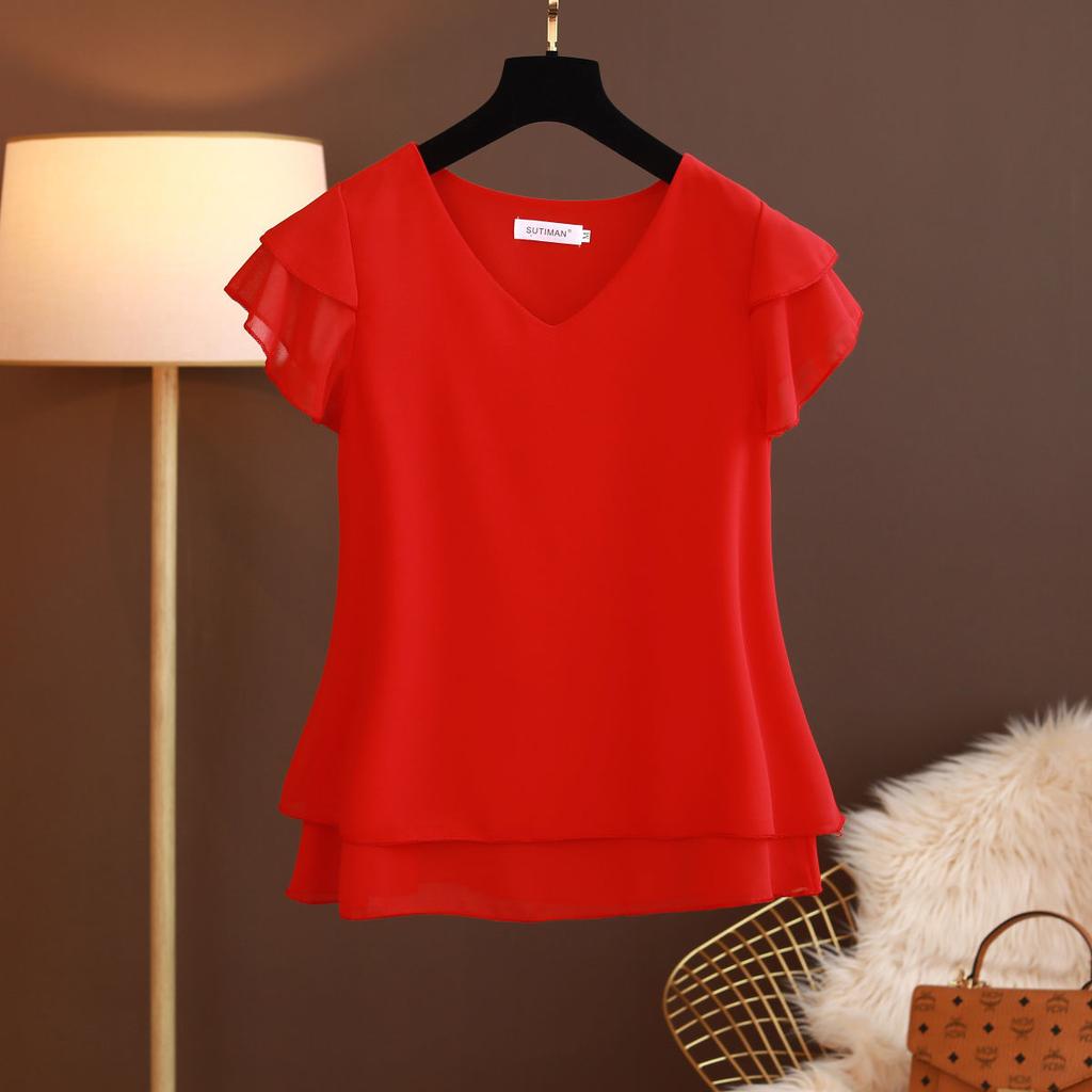 Summer Women Blouse V-Neck Chiffon Shirt Loose Female Short Sleeve Blouse Oversized Shirts Womens Tops