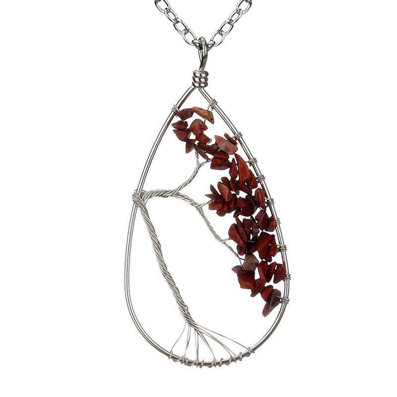 Handmade Silver Wrapped Copper Wire Crushed Stone Tree of Life Necklace, Water Drop Natural Stone Design, Bent Tree of Life Necklace N28.