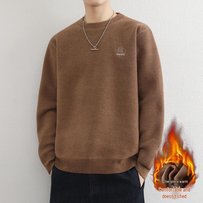 Men's Youth Velvet Thickened Wool Sweater - Embroidered, Warm, Trendy Round Neck Knitwear for Autumn and Winter