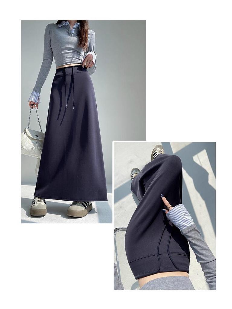 Women's Grey High-Waisted Drawstring Sports Skirt: 2025 Autumn/Winter Casual Loose Straight-Leg Half-Length.