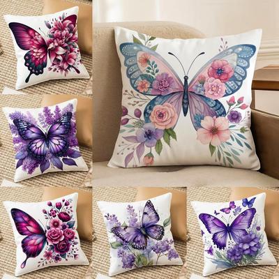 Watercolor Butterfly and Flower Cushion Cover Short Plush Doublesided Print Square Throw Pillow Covers Sofa Home Cushion Decor