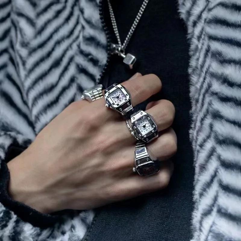 Colorful Watch Ring Women Men Retro Sliver Pointer Quartz Clock Finger Rings Punk Alloy Strap Watches Jewelry Accessories
