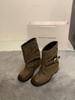 Trendy fine new gray short boots women's polished thick heel belt buckle loose pleated pile boots