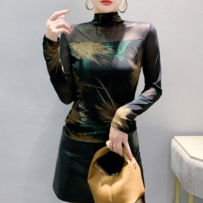 Neuer Stil Samt Verdickt Halbochgeschlossener Kragen Langarm Mesh Kontrast T-Shirt für Damen Slim Pullover Basic-Shirt