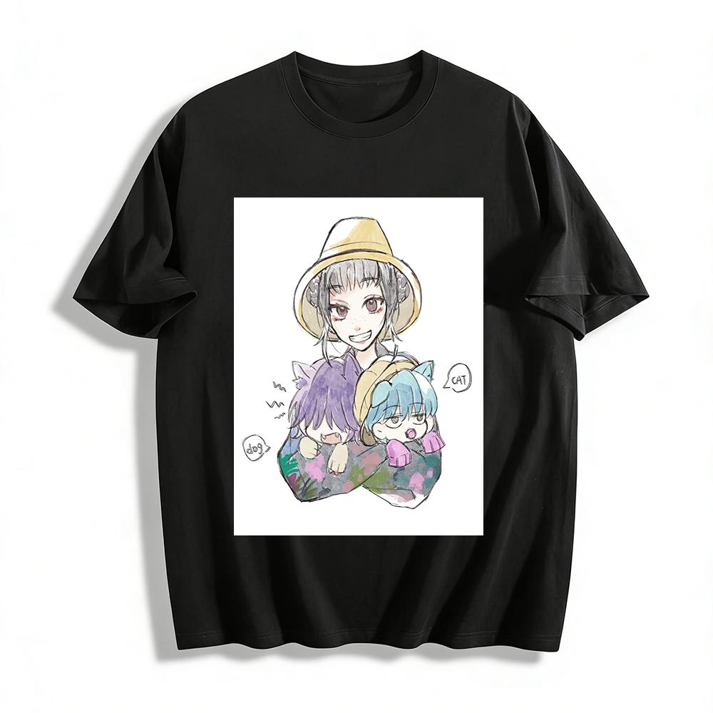 

Cute Cartoon Girl Holding Pet Print Casual Top Loose Fit T-shirt With Adorable Cat Dog Anime Pattern Pure cotton T-shirt XXS