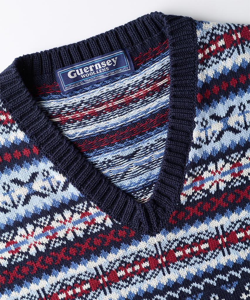Geonjiulleunseu Grand Roque Fair Isle Cotton V-Neck Vest - Navy