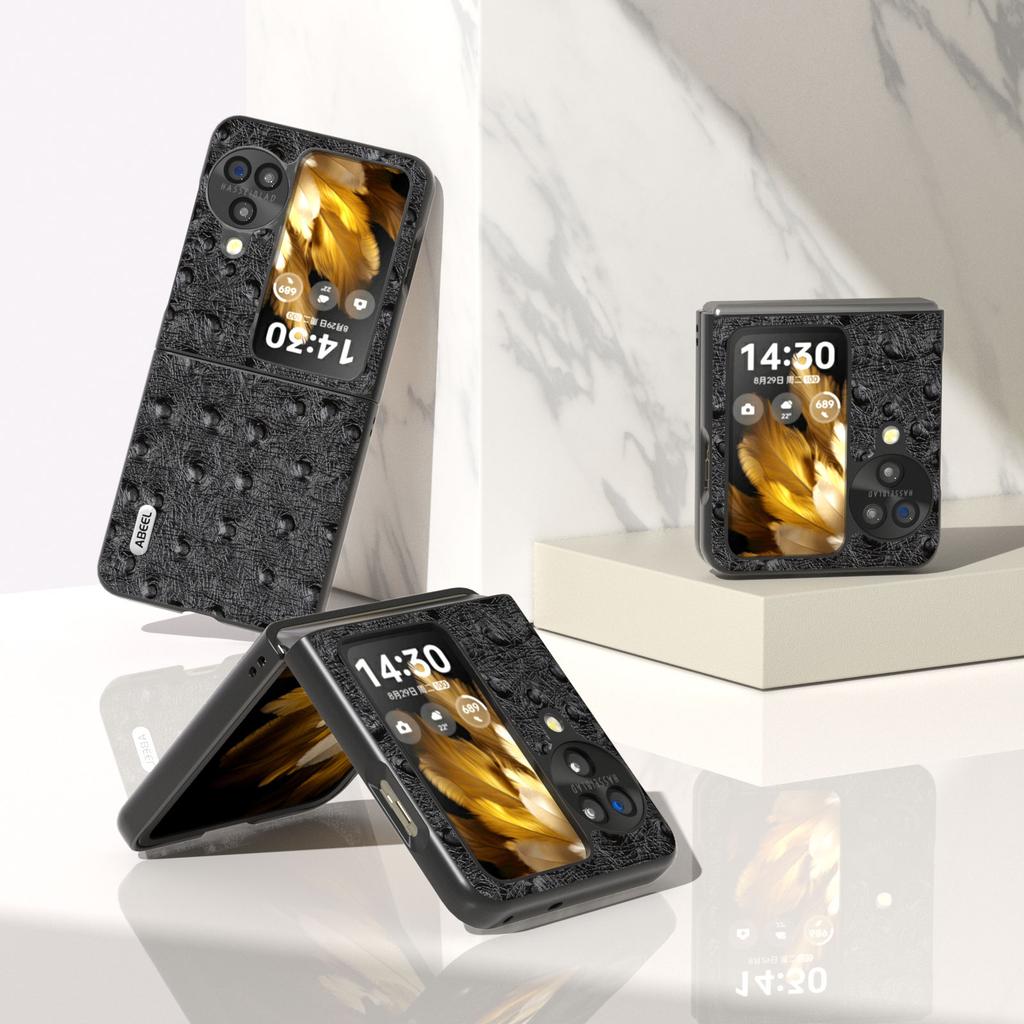 ABEEL For Oppo Find N3 Flip 5G Anti-Scratch Protective Cover Genuine Cow Leather+PC Ostrich Texture Phone Case