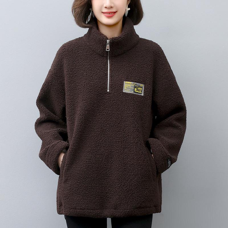 

Женский свитшот из овечьей шерсти: Осень/Зима 2024 Флисовая подкладка, Большой размер, Свободный пуловер из утолщенного флиса с частицами. XXXL кофейный