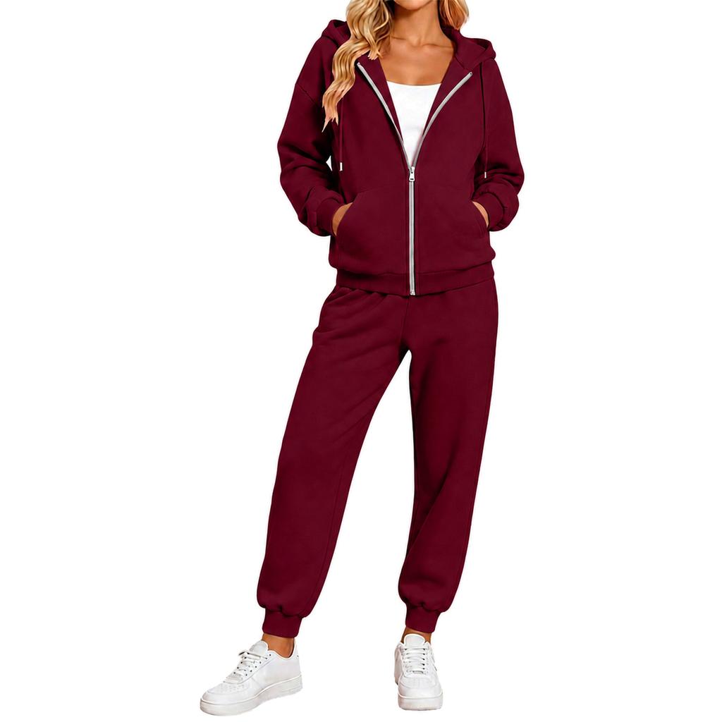 Women's Color Hooded Long Sleeve Track Suit with Pants for Running and Casual Wear