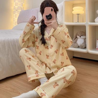 Autumn Winter New Bear Print Women's Pajamas Set French Casual Sweet Cute Sleepwear Cartoon Long Sleeve Nightwear Pajamas