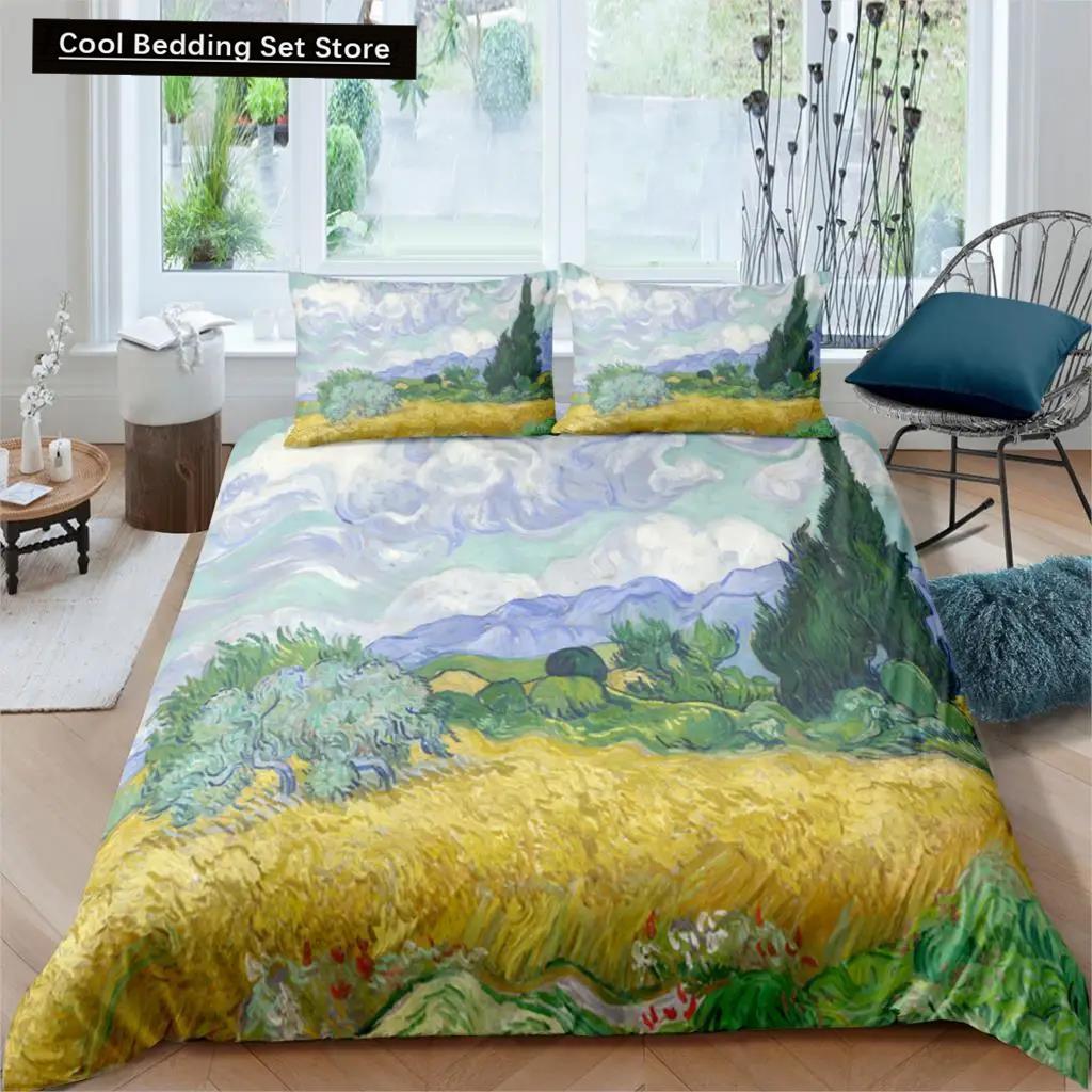 Comforter Oil Painting Landscape King Queen Natural Scenery Bedding Set Teen Adult Floral Ocean Building Polyester