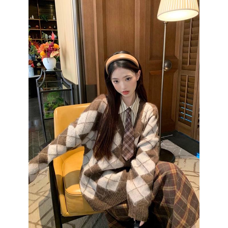 

Women s Autumn/Winter Three-Piece Set: Retro Argyle Knit Cardigan, Striped V-Neck Shirt, and Mid-Length Skirt. Extra Large
