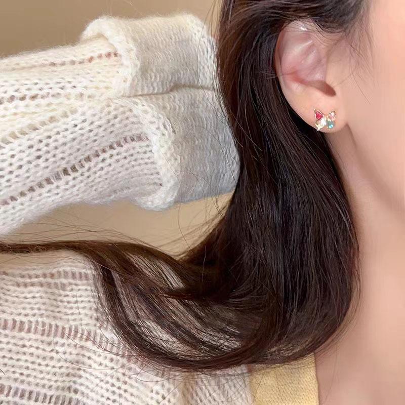 Color Zircon Butterfly Stud Earrings Women's Summer Sweet Temperament Stud Earrings Niche Design Sense Versatile Cute Explosive Earrings