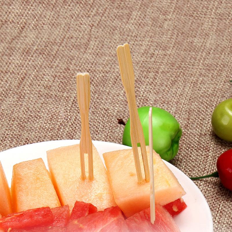 100Pcs/Set Bamboo Cocktail Forks Bbq Fruit Pick Beige 9Cm Stick Skewers