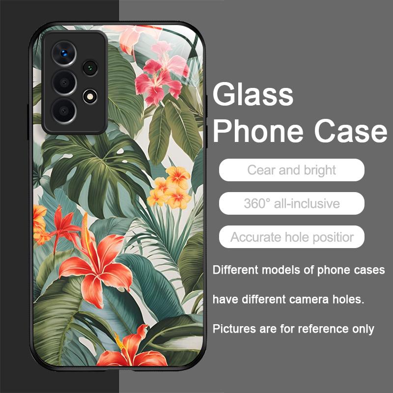 Fashion Palm Leaf Floral Pattern Tempered Glass Phone Case for Samsung Galaxy A56 A55 A54 A53 A52 A36 A14 A15 5G Anti-drop Cover