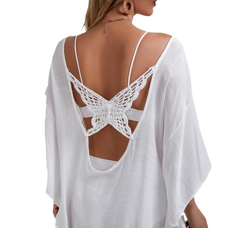 Women's Cover Ups Hand Crochet Flower Patchwork Tassel Beach Cover Shirt Hollow Out Butterfly Loose Beach Vacation Sunwear