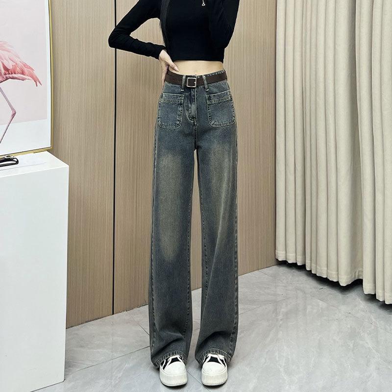 Wide Leg Jeans for Women in Spring and Autumn Loose High Waisted Pocket Design Straight Leg Jeans