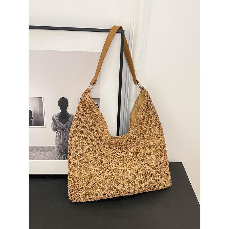 Summer Straw Woven Bag Women's New Seaside Vacation Beach Hollow Tote Bag Woven Vegetable Basket Shoulder Bag