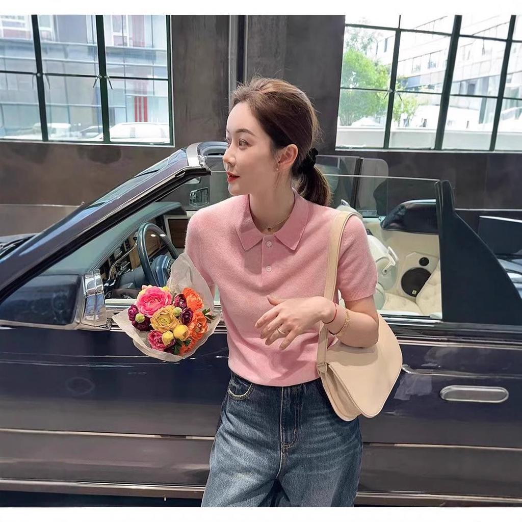 Korean Style Slimming Polo Collar Knit Shirt - Women's Casual Summer Pullover