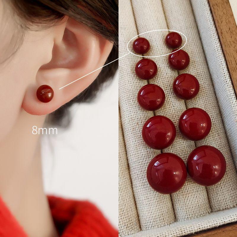 

round Steamed Bread Large Pearl Earrings Female Shijia 925 Sterling Silver 2024 New Arrival Best Selling French Earrings Special Interest Light Luxury 8mm Ancola red steamed bread Pearl