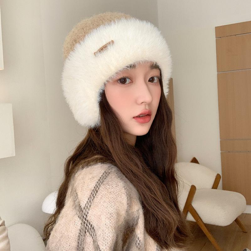 Hat Women'S Big Head Circumference Knitted Wool Hat Winter Warm Thickened Plush Hat Versatile Contrasting Color Ear Protector Cold Hat