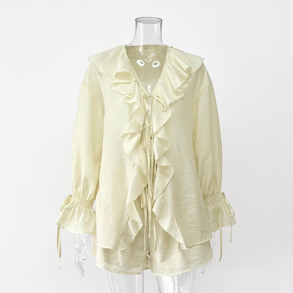 Spring and Autumn Sweet Loose Ruffled Two-Piece Set V-Neck Shirt and Shorts Set for Women