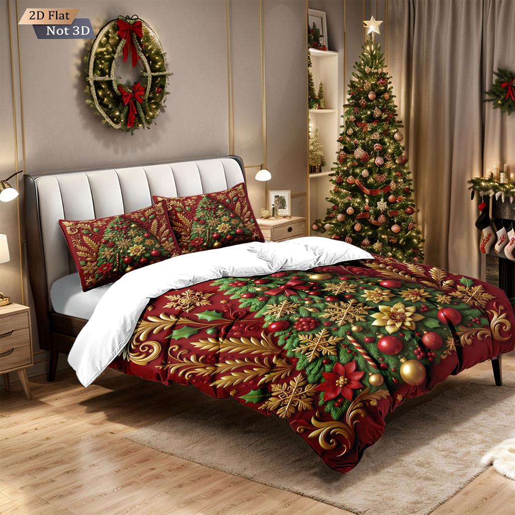 3pcs Colorful Christmas Tree Print Coreless Duvet Set Multi Size Bedroom Dormitory Bedding Decoration, Machine Wash Design