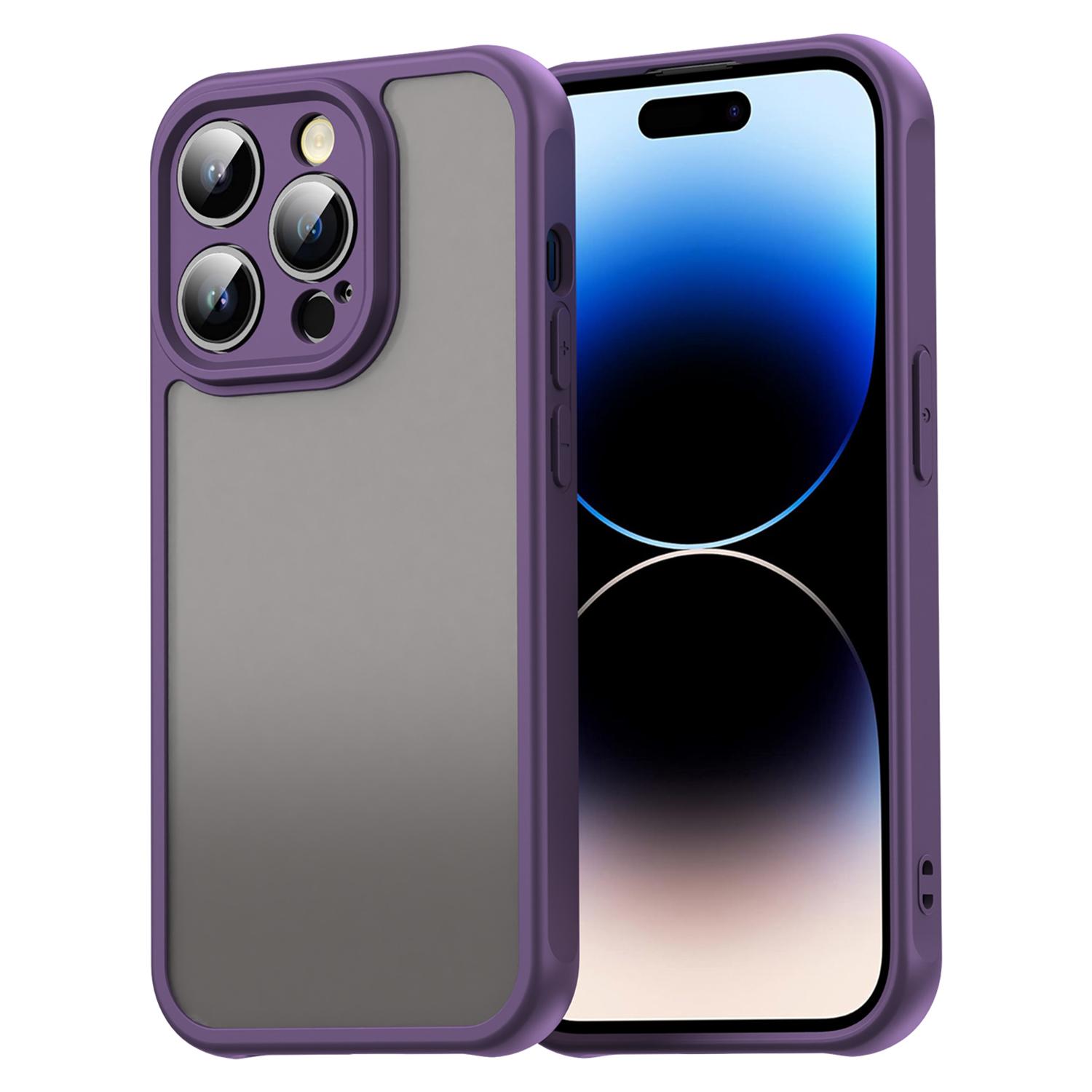 

For iPhone 14 Pro Case Drop Proof Airbags Frosted Translucent PC+TPU Phone Back Cover Purple