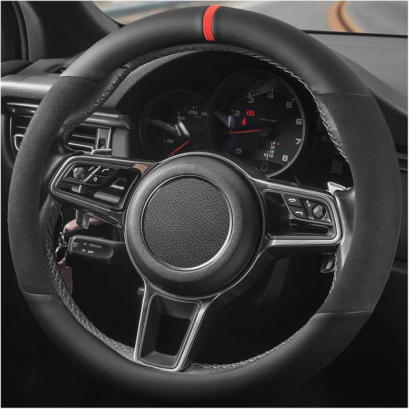 Suede Steering Wheel Cover With Upgraded Silicone Inner Ring, Anti Heat, Breathable, Anti-Slip, Leather Universal 14.5 To 15 Inch Steering Wheel