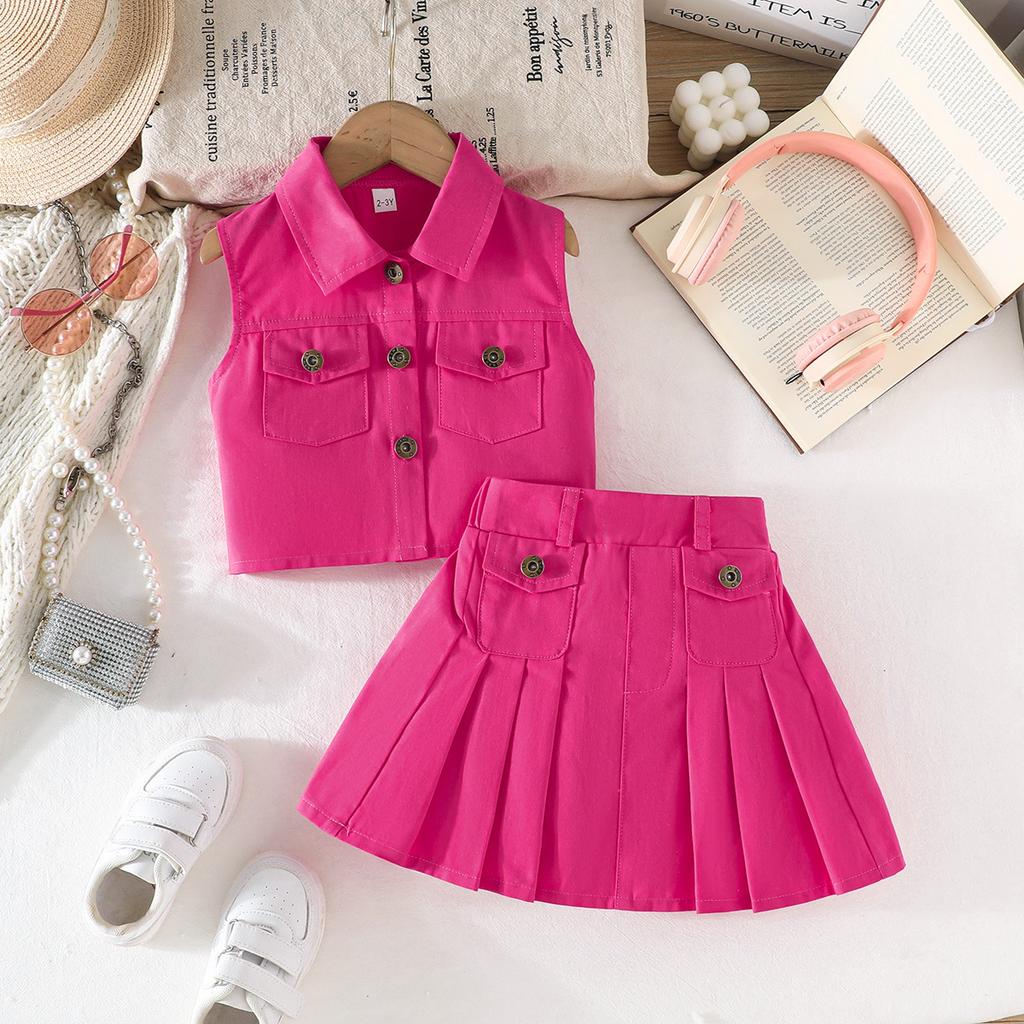 Girls' Fashion Set: Summer Solid-Color Sleeveless Denim Top and Pleated Skirt Two-Piece Set