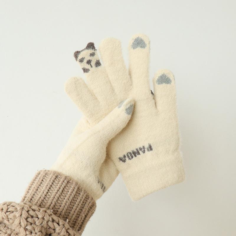 Panda Finger Warm Touch Screen Gloves Five Fingers Cartoon Cute Student Couple Riding Girl Autumn and Winter Cold Protection
