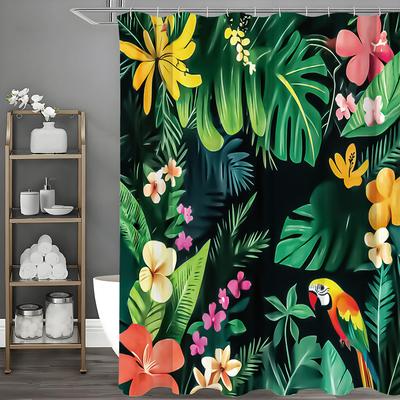 Parrot Shower Curtain with Flowers and Leaves, Bathroom Decorative Shower Curtain, Waterproof Shower Curtain with Hooks
