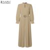 ZANZEA Damen Casual V-Ausschnitt Locker Langarm Weitbein Jumpsuits