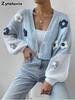 Vintage Knitted Overshirt, Solid Color Floral Element Knit Sweater