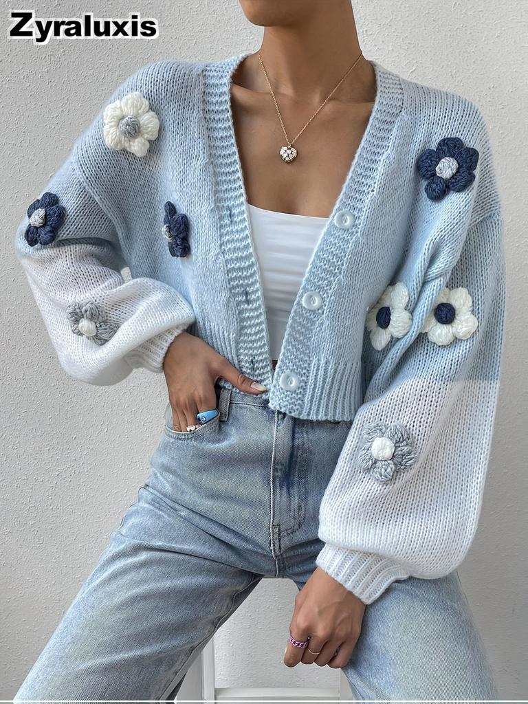 Vintage Knitted Overshirt, Solid Color Floral Element Knit Sweater