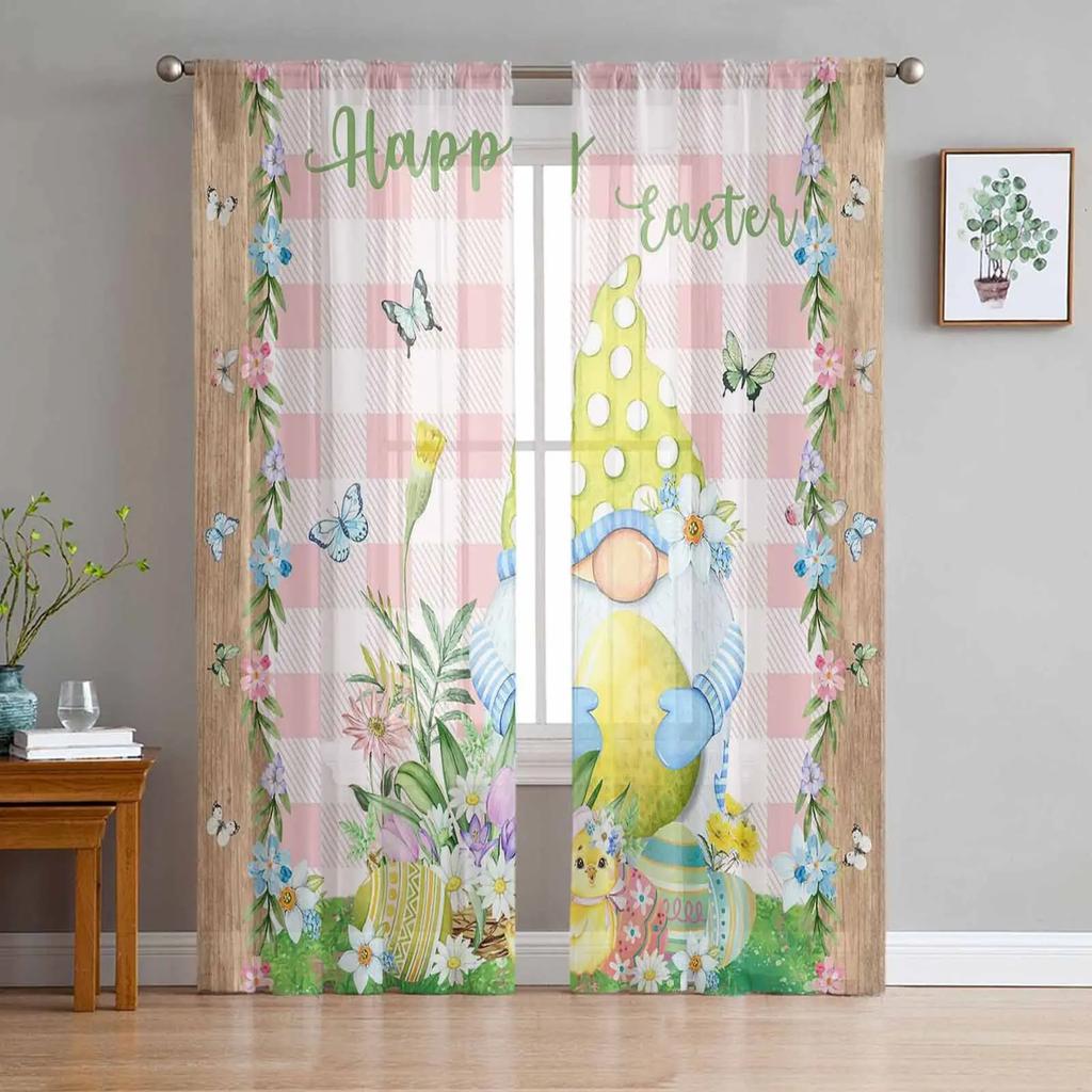 Sheer Easter Window Curtains Bedroom Living Room Egg Bunny Spring Flower Chiffon Voile Drapes Curtain Made Of Polyester Washable Sitting Ready