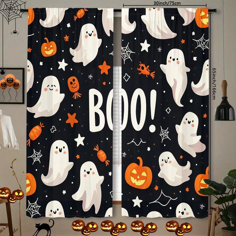 Set Of 2 Halloween Fun Pumpkin Print Curtains Pole Bag Home Decoration Room Made Polyester