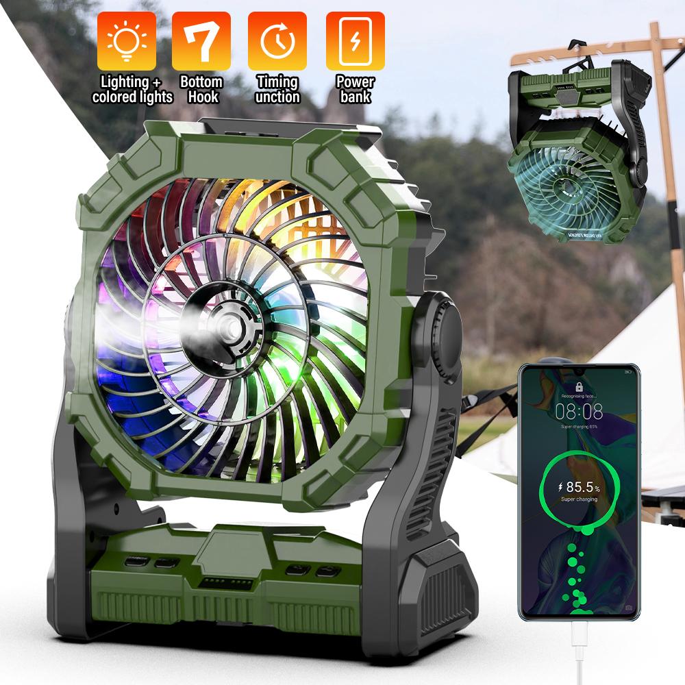Wireless Camping Fan 4LED 7colors Light Control Electric Fan with 360°Rotation Hanging Hook, Portable Misting Humidifier