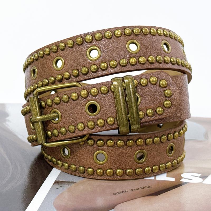 Vintage Pu Leather Belt With Rivet Studs Hollowed-Out Design Perfect For Daily Wear Jeans Casual Outfits