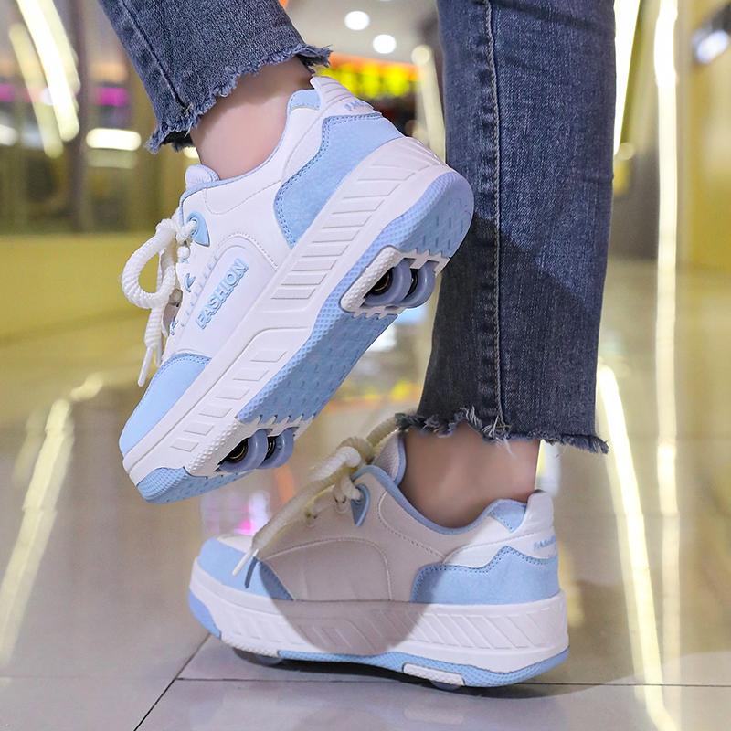 Boy's Rotating Button Four Wheel Skate Kids Shoes with Wheels Girl Skate Shoes