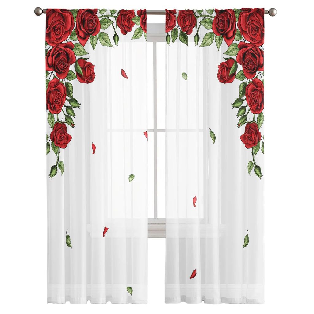 Valentine'S Day Rose Flower Modern Tulle Curtains For Living Room Bedroom Home Kitchen Window Sheer Curtains