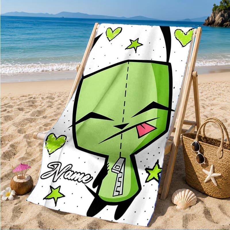 Custom Name Cartoon Alien Heart In Space Adventure Microfiber Beach Towel, Lightweight for Summer Travel, Swimming Pool Fan Gift