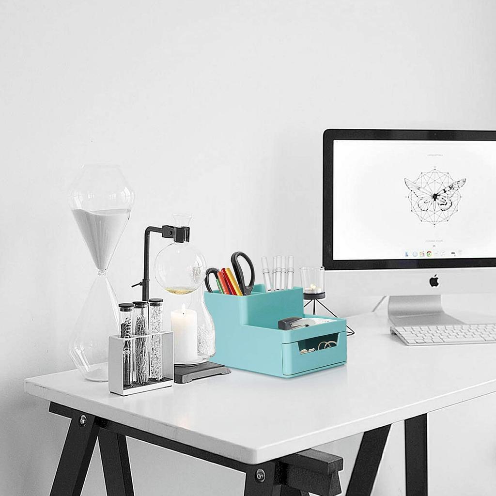 WuGeShop Desk Pencil Holder with Drawer, Plastic Desktop Stationery Organizer, Multifunctional Storage Caddy for Office, Home, School, Classroom