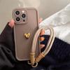 Cute Korean 3D Golden Love Heart Soft Case For iPhone 16 17 Pro Max 15 14 13 12 11 Pro 16E 7 8 Plus Wrist Chain Hang Strap Cover